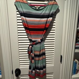 Banana Republic Striped Midi Dress in Red, Orange, and Gray